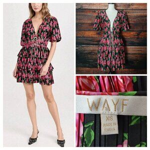 Wayf Mini Dress XS Tie Front Tiered Plise Satin Rose Print Bubble Sleeve